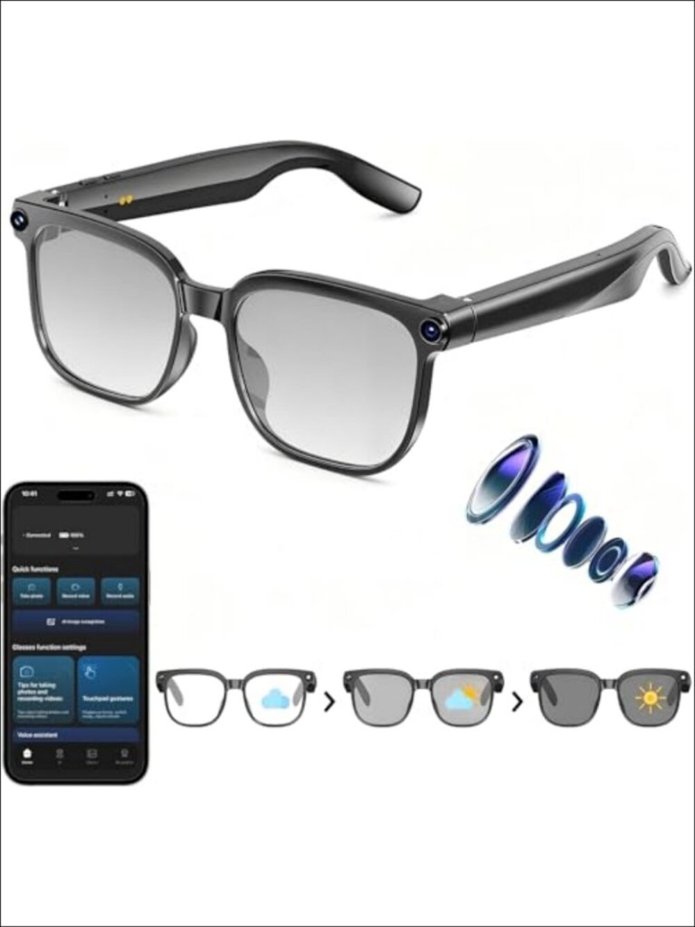 AI Smart Glasses Camera 1080P EIS Video Bluetooth Music Voice Assistant